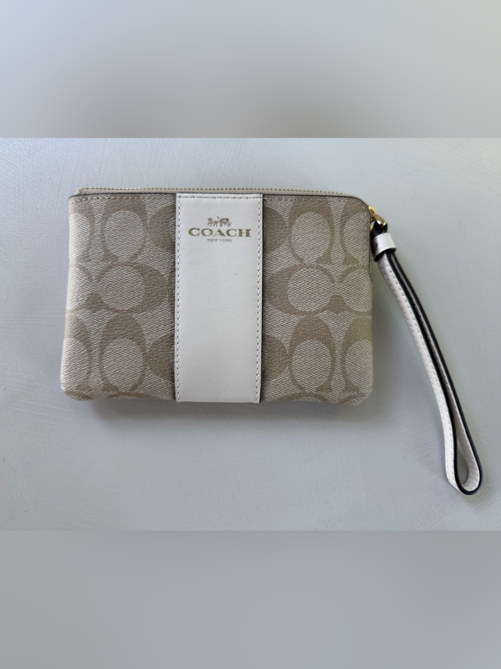 NWT Coach Beige Signature Canvas Wristlet with White Leather Accent
